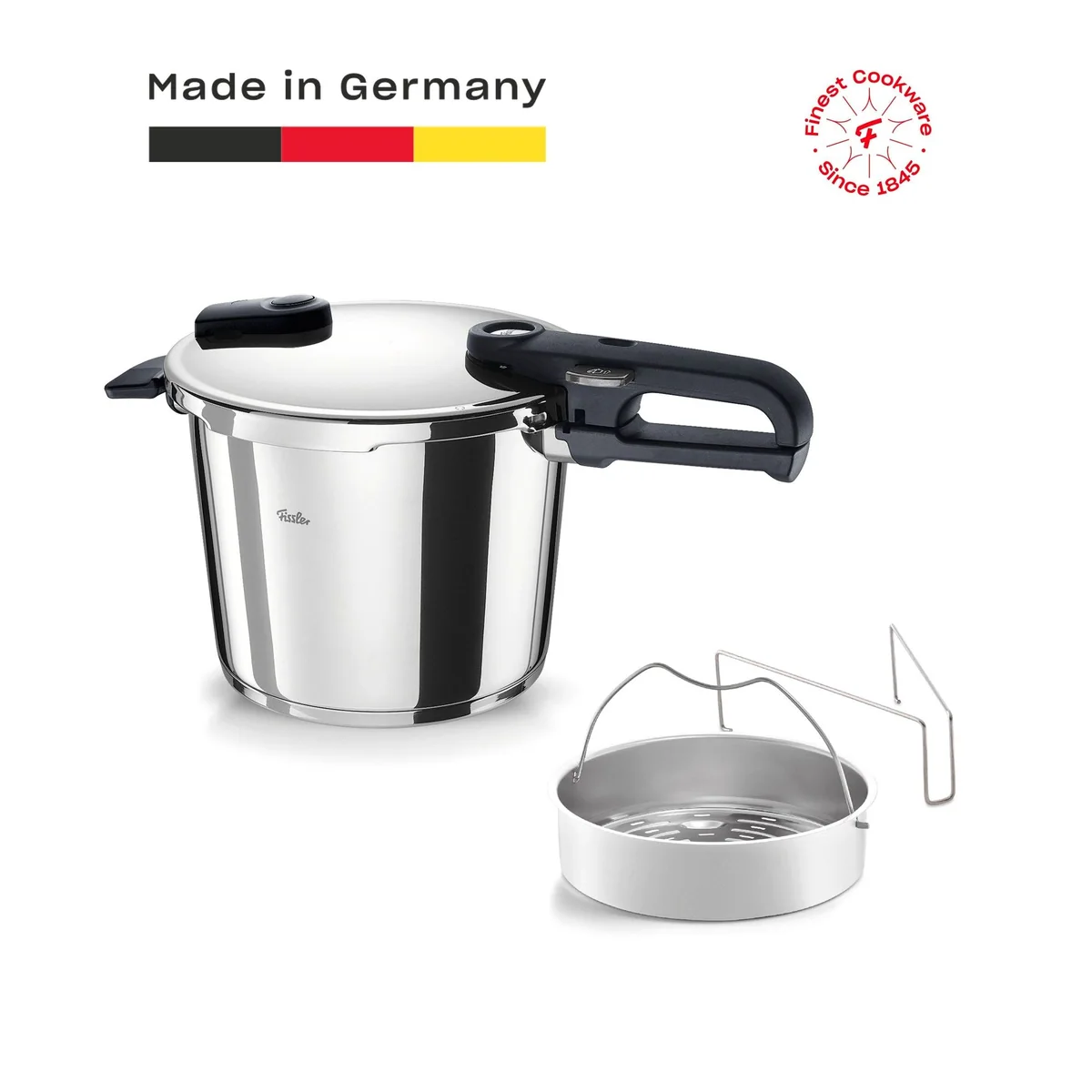 Fissler Schnellkochtopf Vitaquick Edition, 2-tlg. Set, 4,5 oder 6 Liter — Edelstahl, Dünsteinsatz, Made in Germany